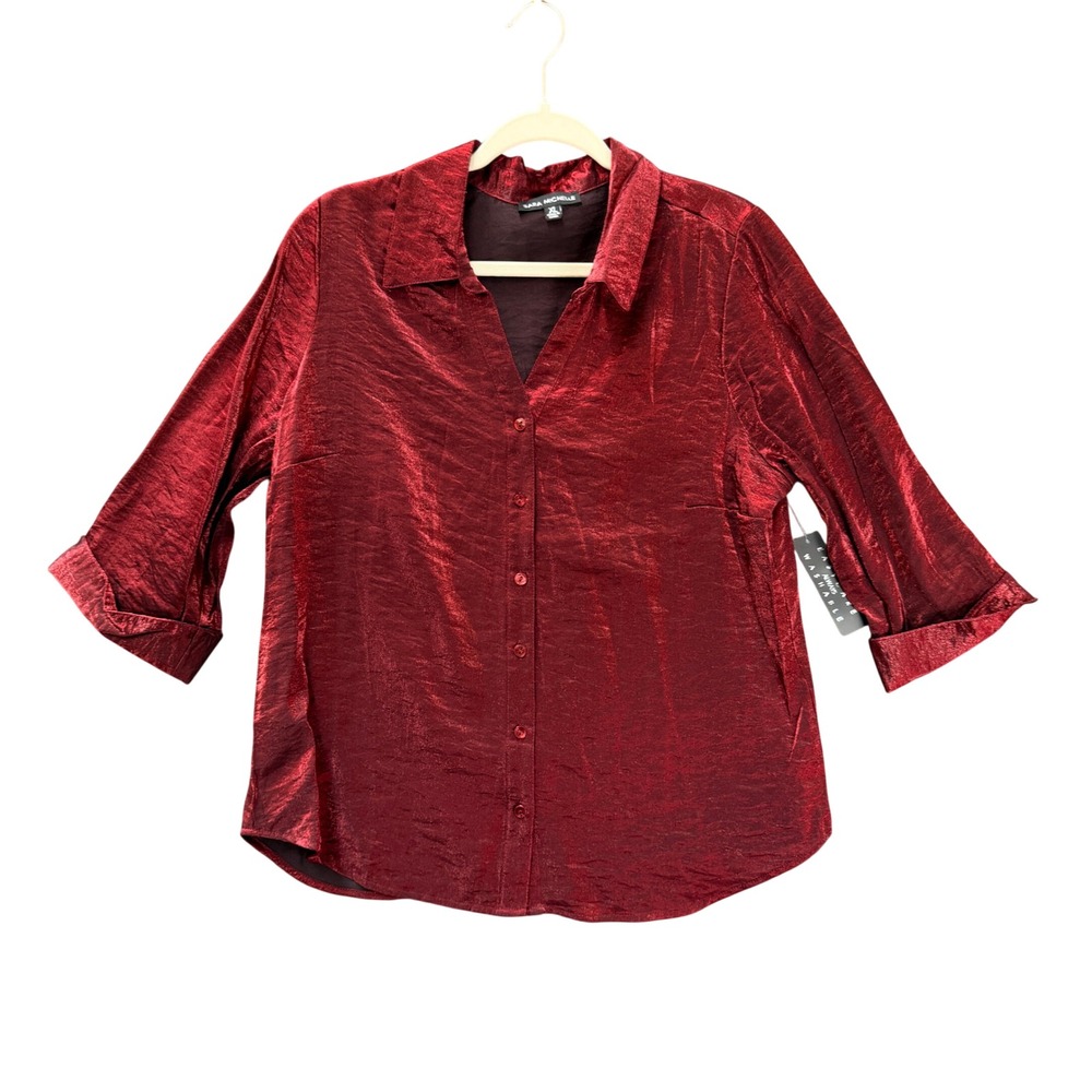 Sara Michelle Blouse Women XL Red Metallic Shimmer 3/4 Sleeve Holiday Party Cool